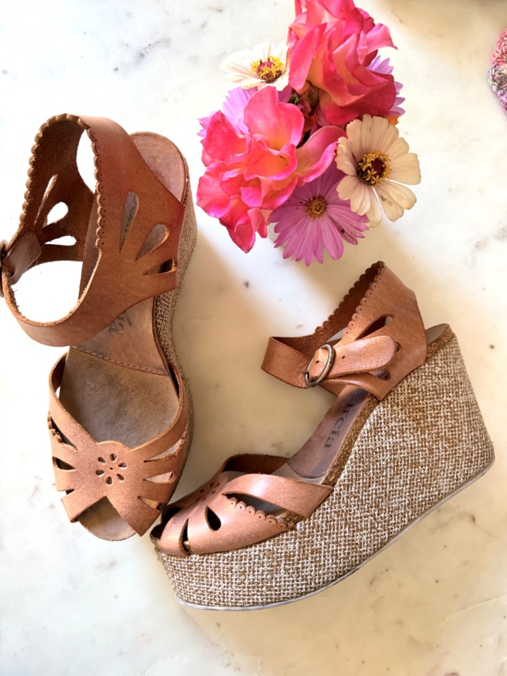 Pedro García Marta Scalloped Leather Platform Wedge Sandals, Size 38 EU